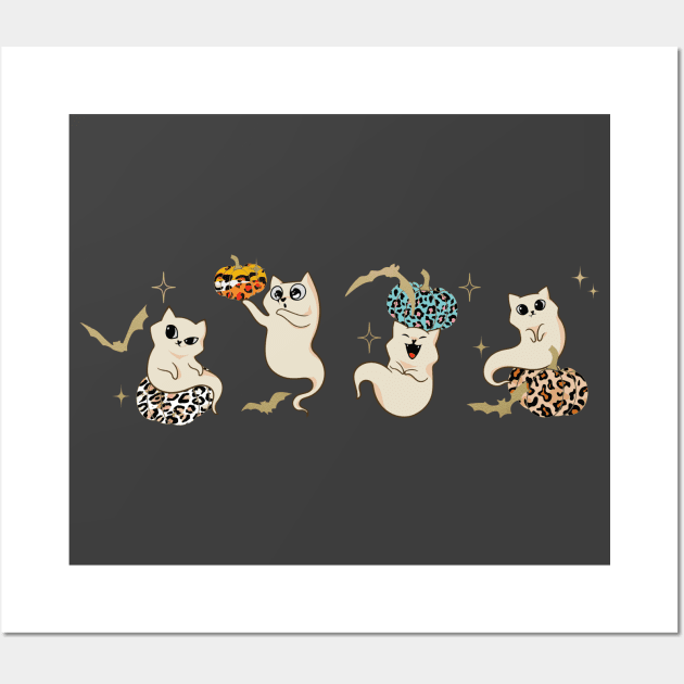 Halloween Ghost Cats Playing With Pumpkins animal print pumpkins and cat lovers Wall Art by Catmaleon Design